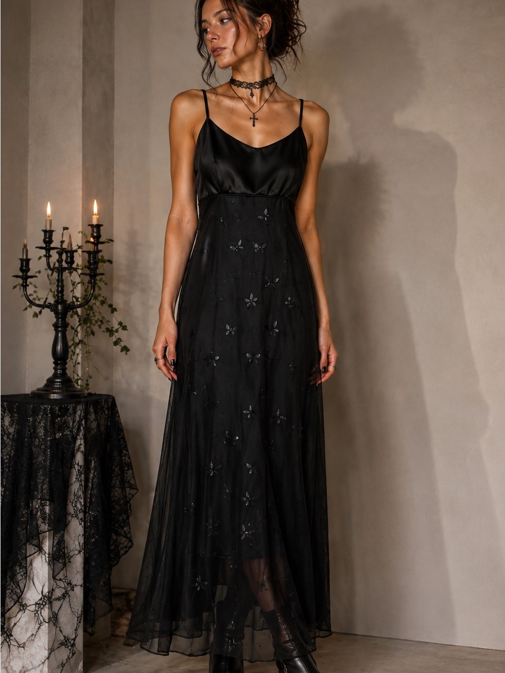 Black Embellished Mesh Maxi Dress